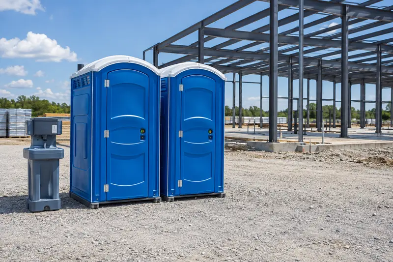 Portable toilets and washing facilities beside a construction project